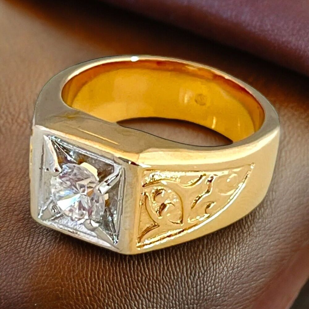Vintage 1980s Cubic Zirconia Ring Size 7 Two Tone 18K Gold Plate - 14B